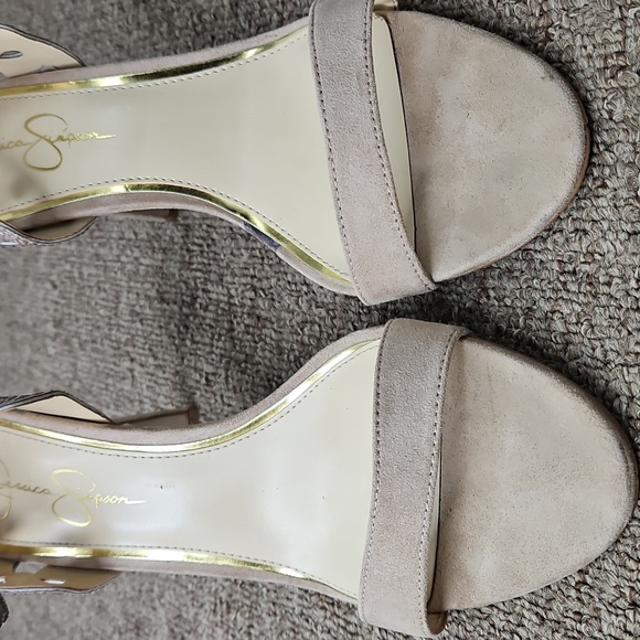 Jessica Simpson Hipp Taupe Faux Suede Sparkly Rhinestones Strappy Heels Sz 9.5 - Picture 9 of 9